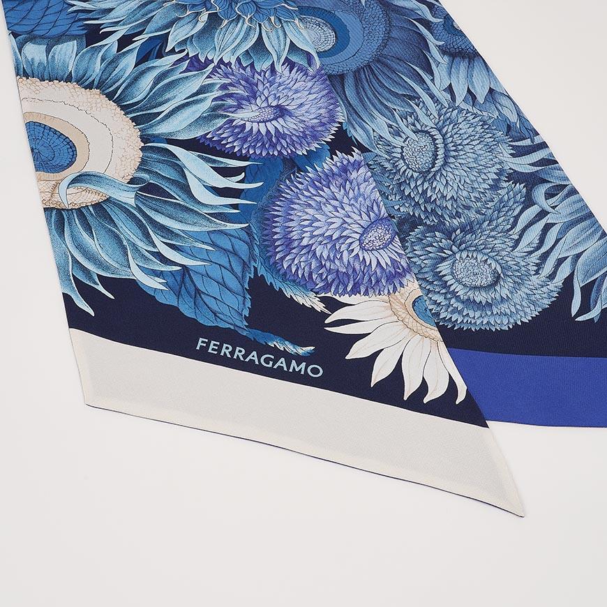 Ferragamo Sunflower Print Silk Twilly Scarf Marine Navy Women