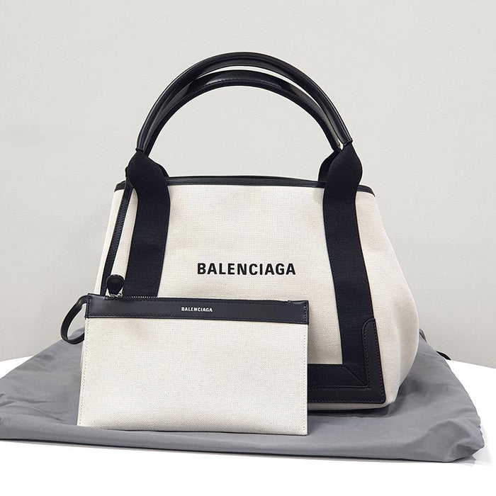 BALENCIAGA Canvas Navy Small Cabas Tote Bag Beige Ivory
