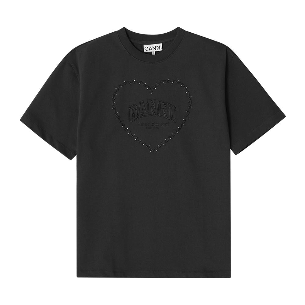 GANNI Heart Crystal Logo Short Sleeve T-Shirt T4057 252