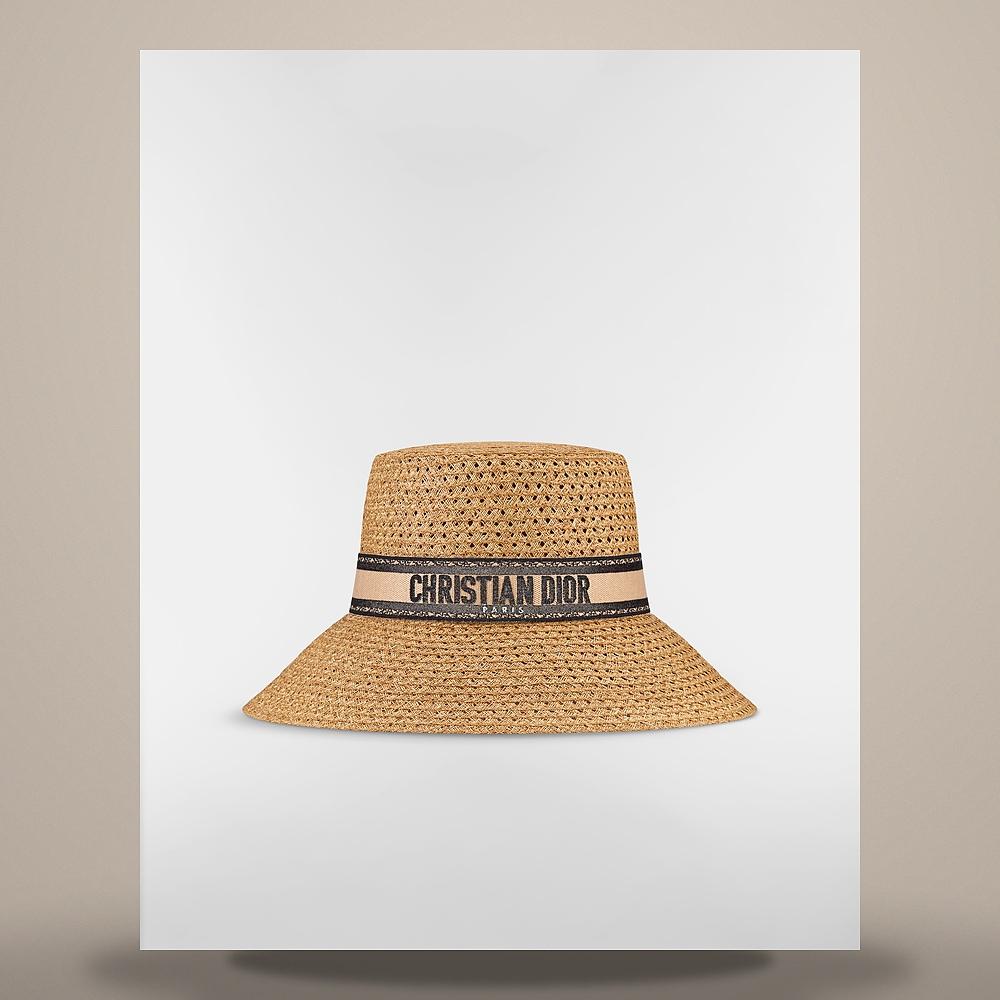 DIOR Beige Wide Brim Straw Cap with Black Embroidered Band