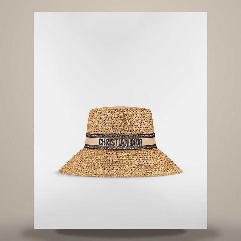 DIOR Beige Wide Brim Straw Cap with Black Embroidered Band