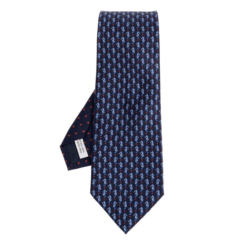 Ferragamo Seahorse Print Silk Tie Navy