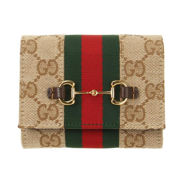 GUCCI Horsebit Web Small Trifold Wallet Ivory Leather