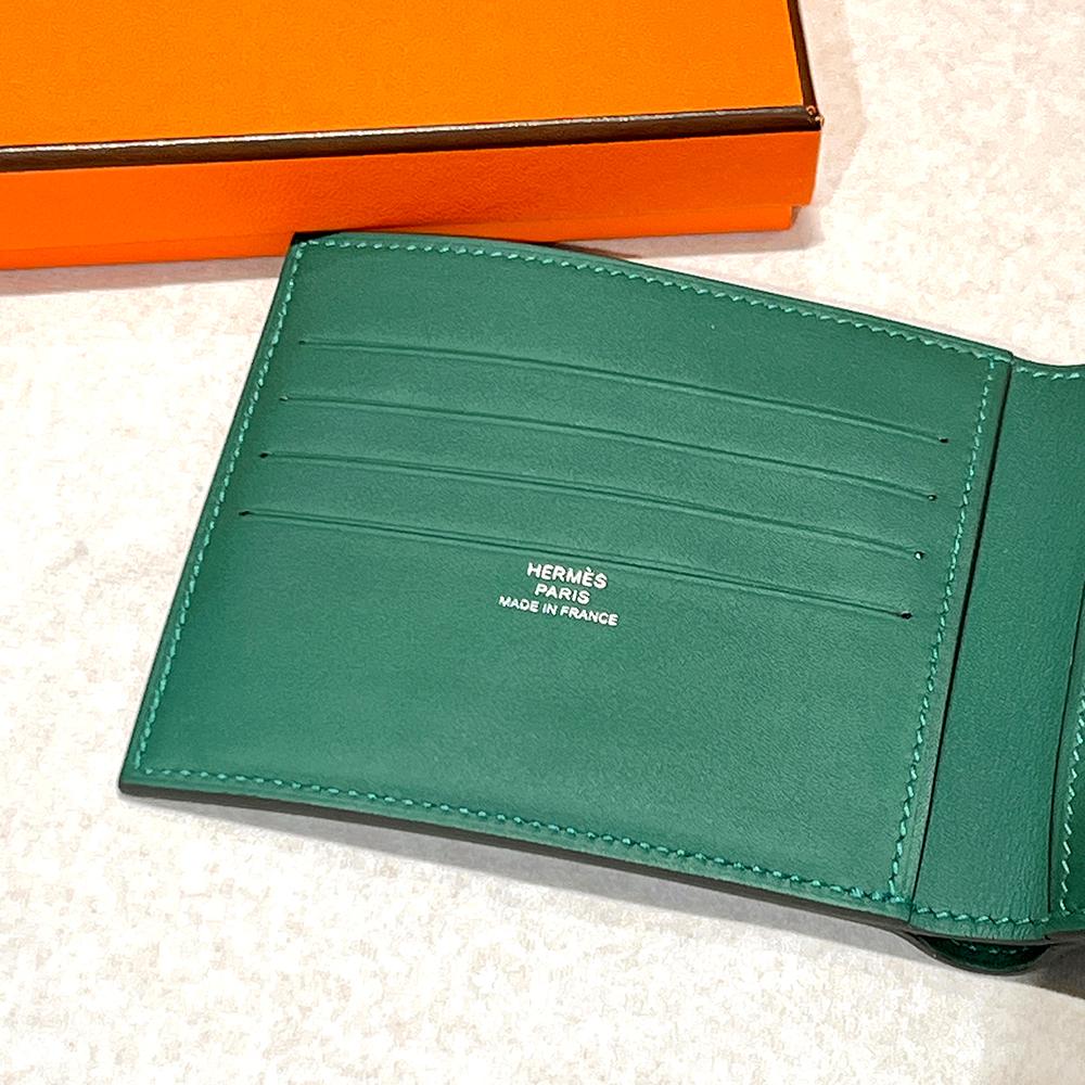 HERMES Citizen Twill Compact Wallet Evercolor Green with Blue Lining