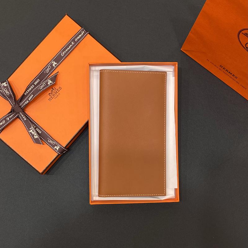 HERMES Gold Brown Calfskin Citizen Twill Long Wallet Unisex