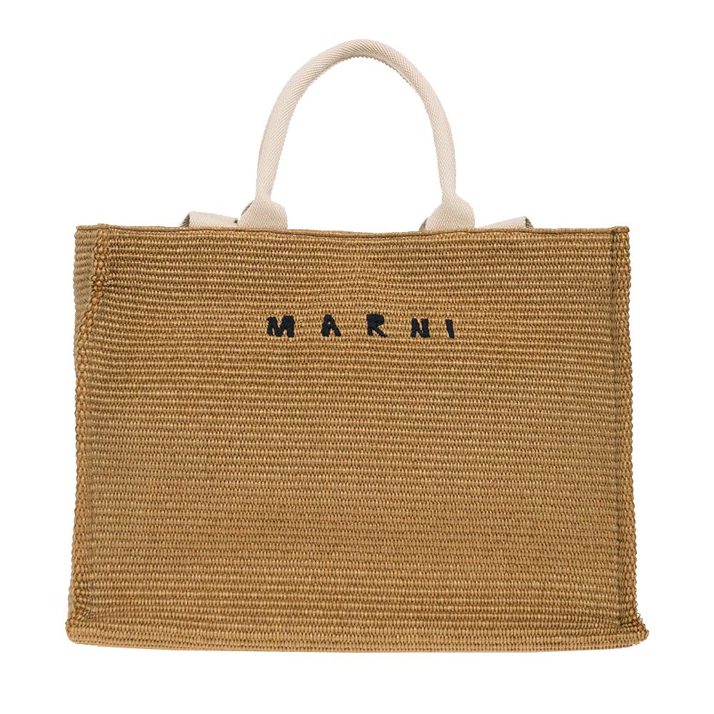 Marni Raffia Tote Bag with Embroidered Logo, Natural Beige