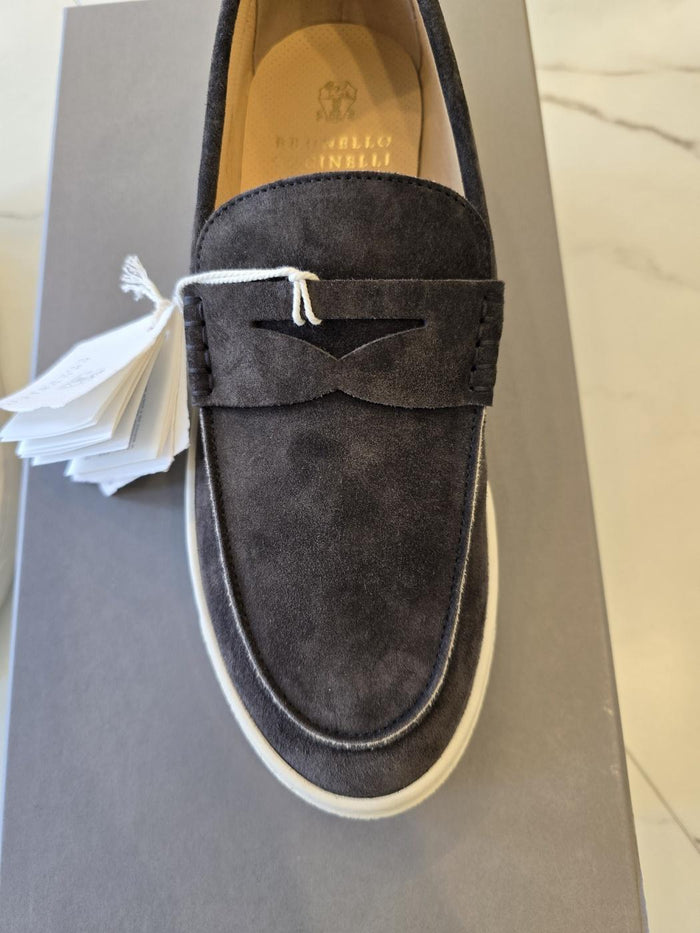 Brunello Cucinelli Men’s Safari Suede Penny Loafers Gray