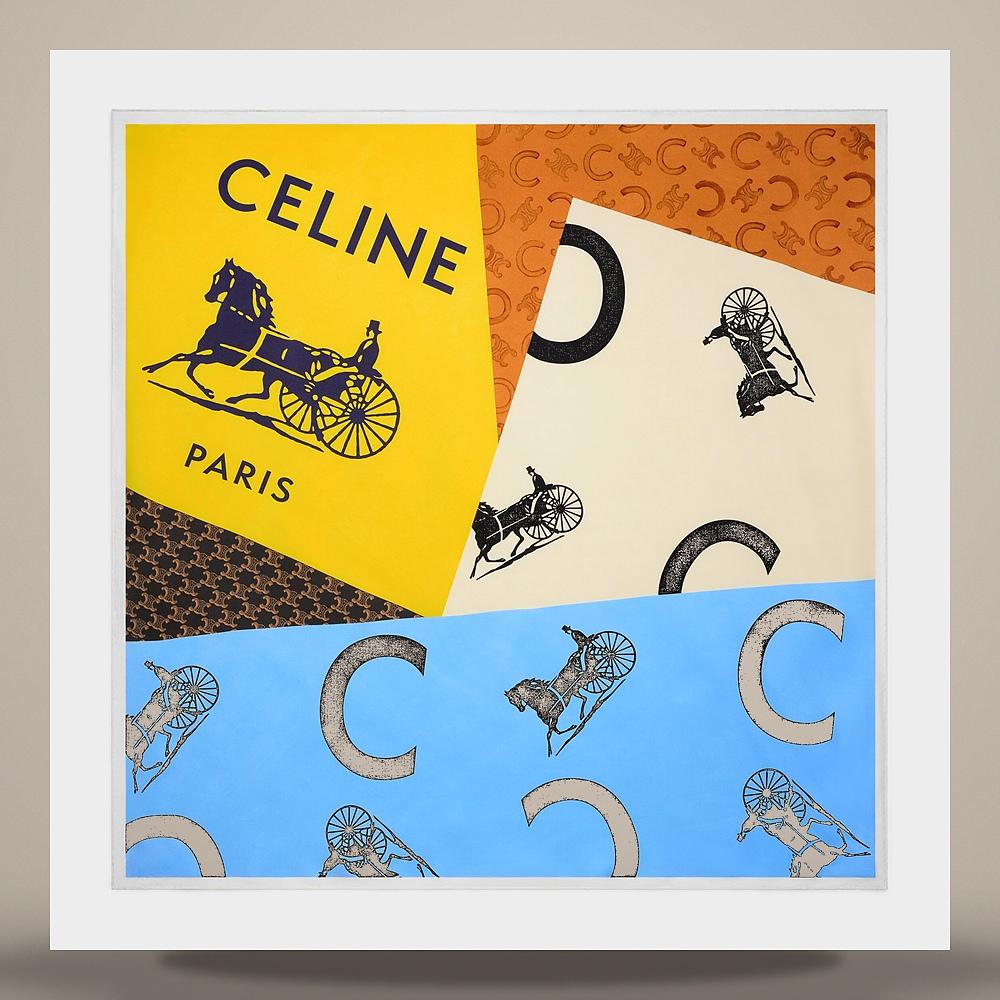 CELINE Square Silk Twill Scarf Blue Cream Yellow