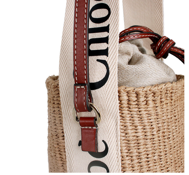 Chloe Woody Small Basket Bucket Bag Ivory Straw Leather Shoulder Bag