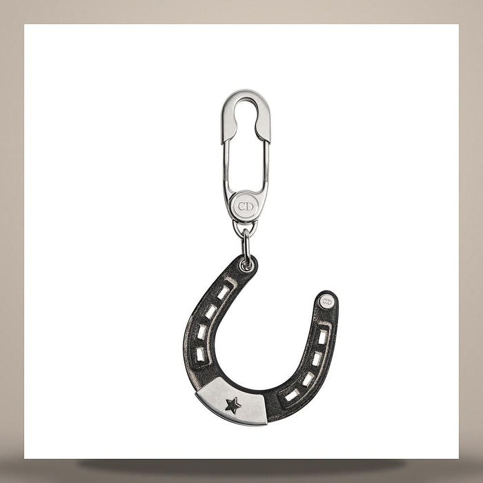 DIOR Black Smooth Calfskin Horseshoe Keyring Antique Silver Brass