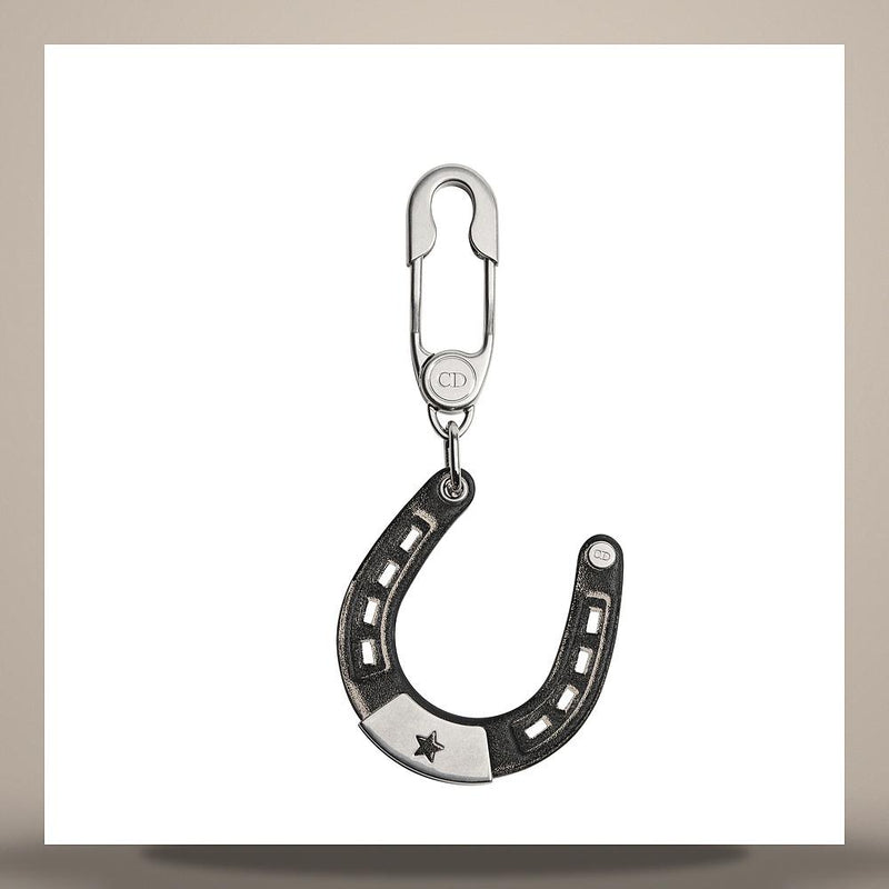 DIOR Black Smooth Calfskin Horseshoe Keyring Antique Silver Brass
