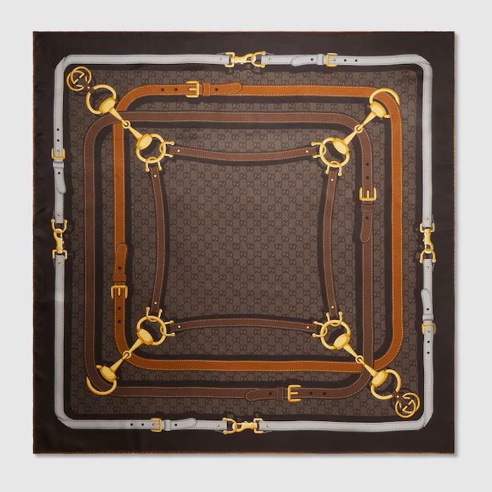GUCCI Dark Brown GG Print Silk Twill Jacquard Square Scarf
