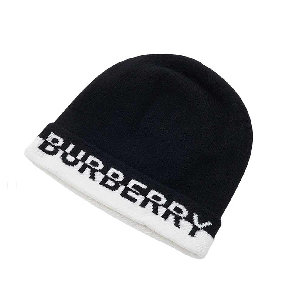 BURBERRY Logo Intarsia Cashmere Beanie Black White