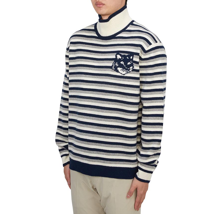 Maison Kitsune Fox Head Stripe Men’s Turtleneck Knit Sweater NM00803KM0329 B481