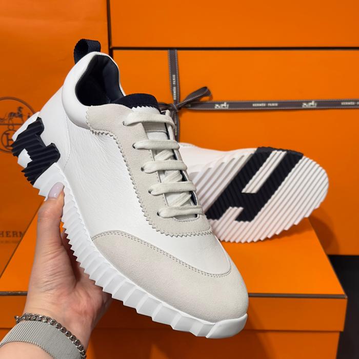 HERMES Men’s Bouncing Goatskin White Leather Sneakers Navy H Logo