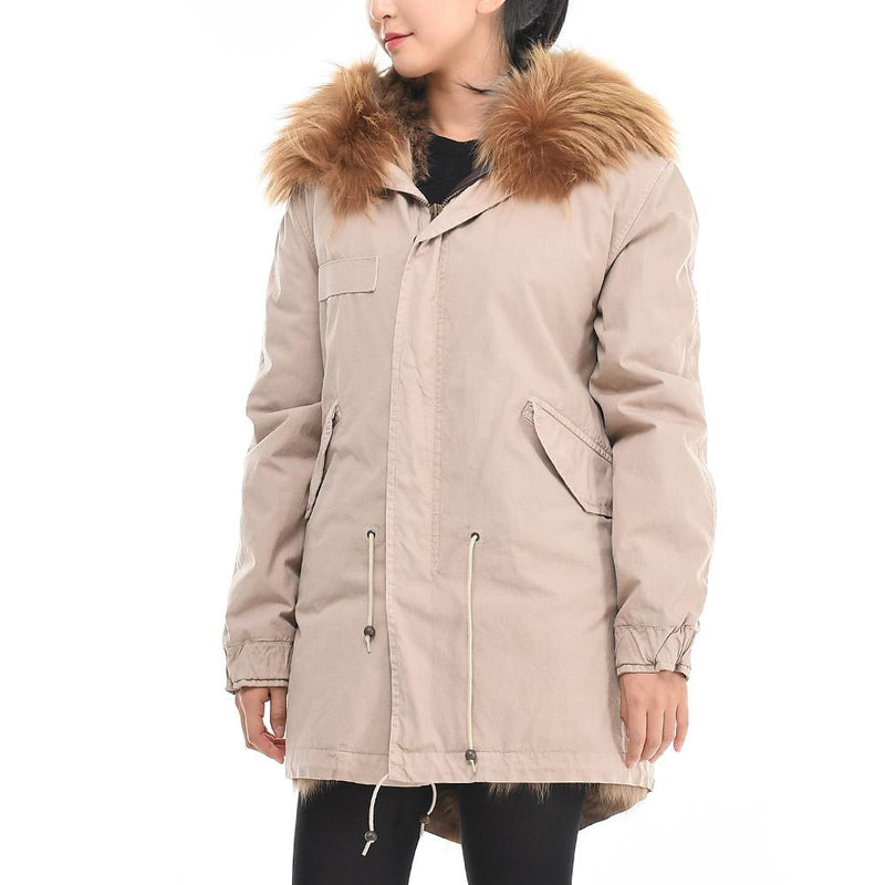 Mr & Mrs Beige Raccoon Fur Fox Shearling Parka Jacket