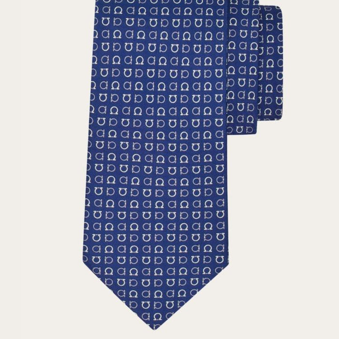Ferragamo Gancini Print Silk Tie Marine Blue