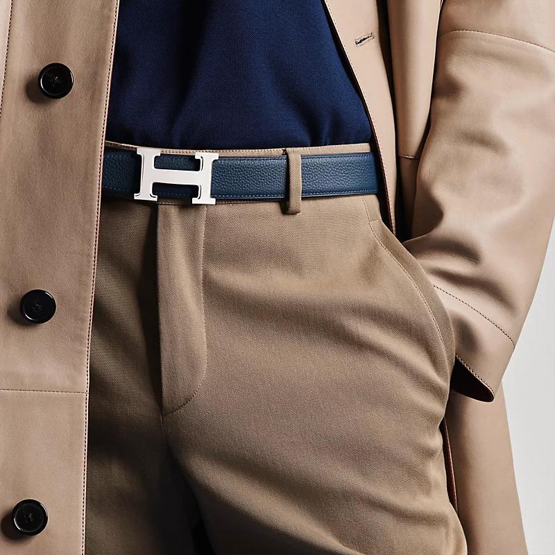HERMES Reversible Black/Navy Leather Belt with Silver H Buckle