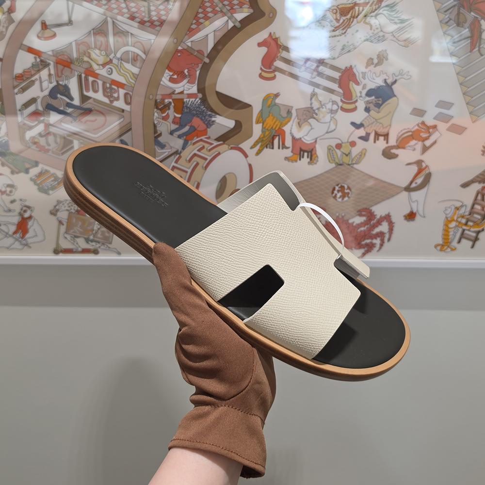 HERMES Izmir Two-Tone Ivory Deep Brown Calfskin Epsom Leather Slippers