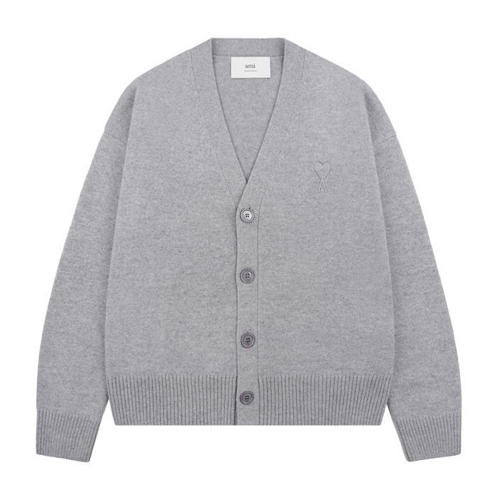 AMI Heart Logo V-Neck Cardigan Gray Knit for Men