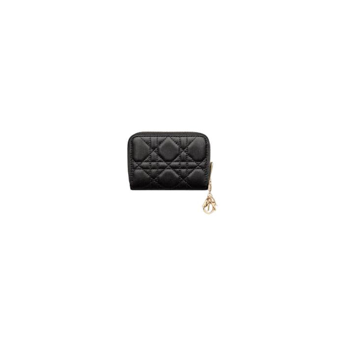 DIOR Lady Dior Voyageur Coin Purse Black Leather Wallet