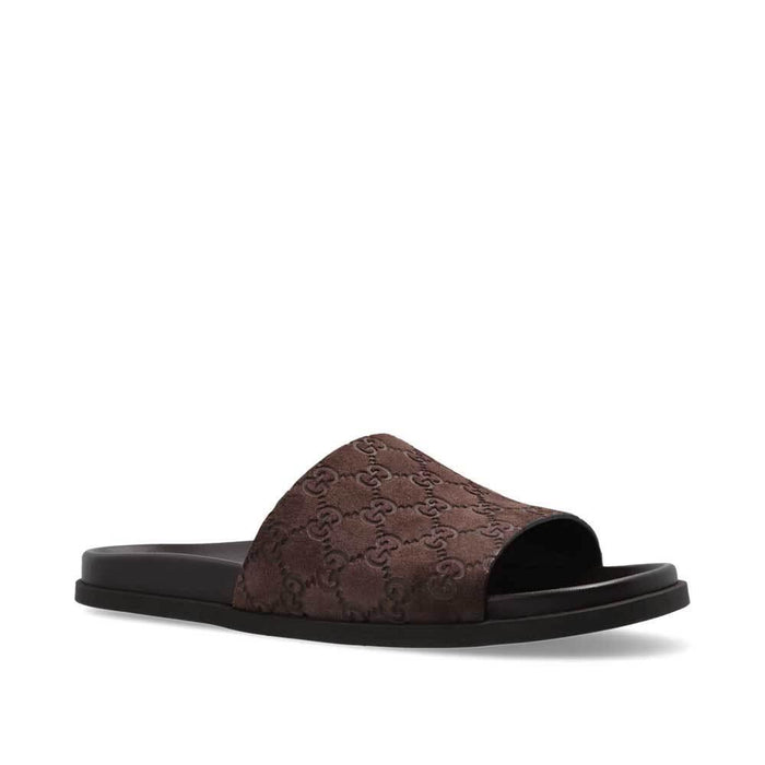 GUCCI Men’s GG Logo Slide Sandals Brown Leather Slippers
