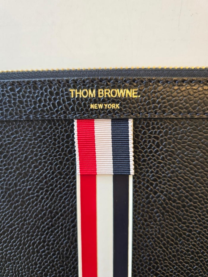 THOM BROWNE Black Tricolor Stripe Medium Leather Document Pouc MAC054A 00198 001