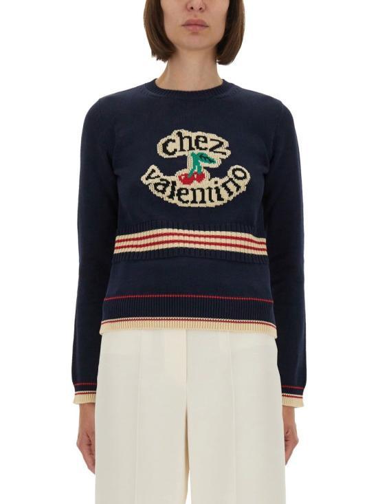 VALENTINO Wool Knit Crewneck Sweater White/Gray Women