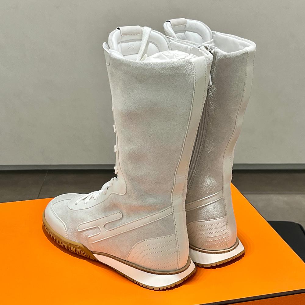 HERMES Suede Calfskin Lace-Up High-Top Sneakers White