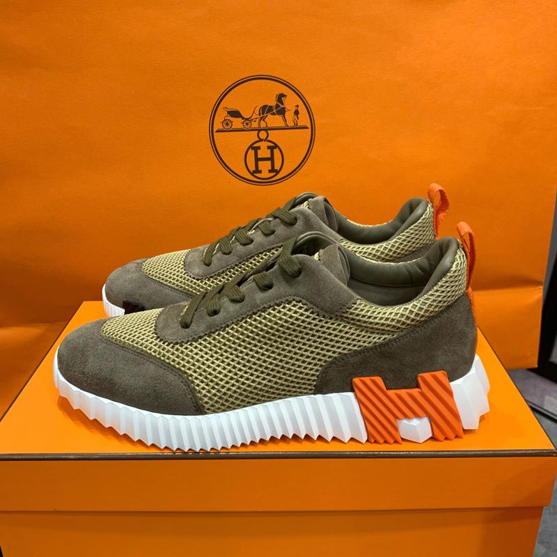 HERMES Bouncing Mesh Sneakers Khaki/Black/Orange Low-Top Men