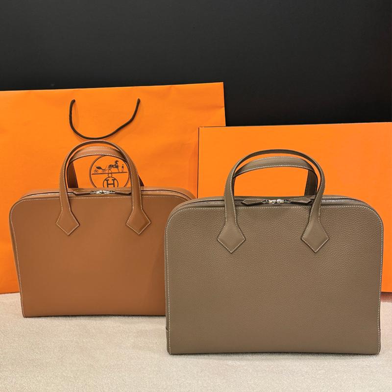 HERMES Etoupe Leather Victoria Light Brief Case Tote Bag Unisex