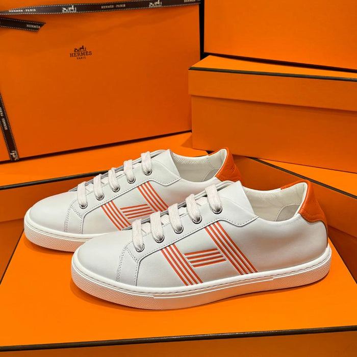 HERMES White Orange Calfskin Avantage Low Top Sneakers