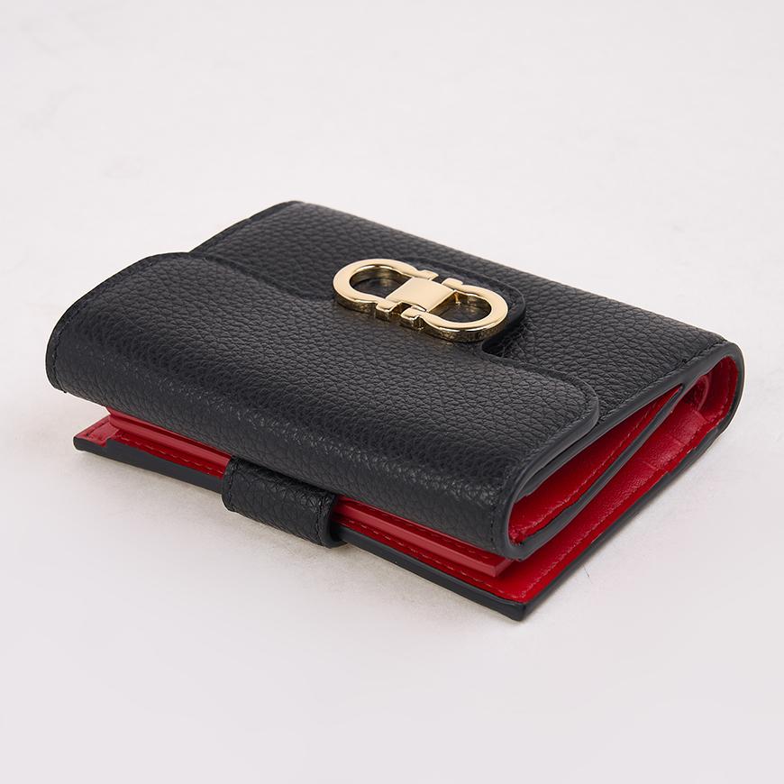 Ferragamo Gancini Compact Bifold Wallet Black Red Women’s Leather