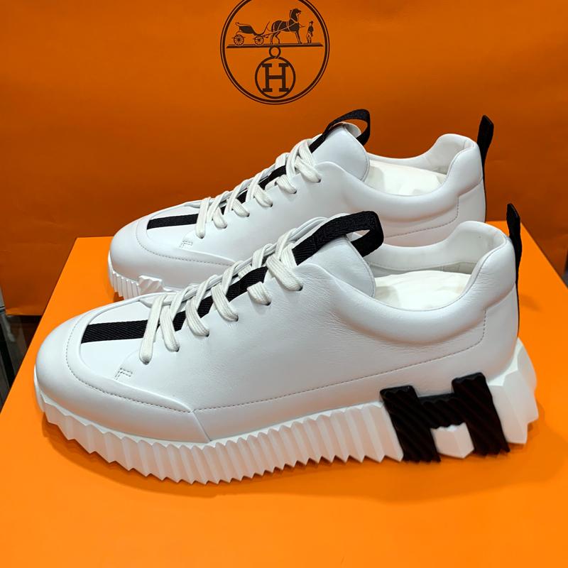 HERMES Men’s Jump Sneakers Calfskin H Two-Tone White Black Low-Top