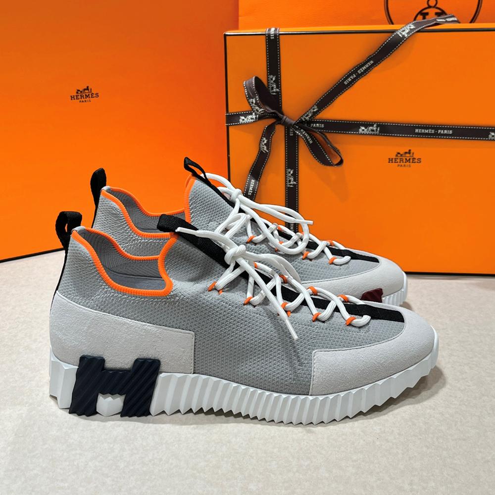 HERMES Men’s Lift Slip-On Sneakers Knit Calfskin Gray H Two-Tone Logo