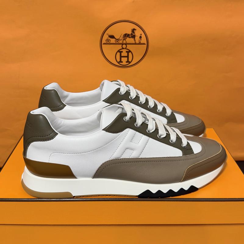 HERMES Men’s Calfskin Trail Sneakers White Brown Low-Top