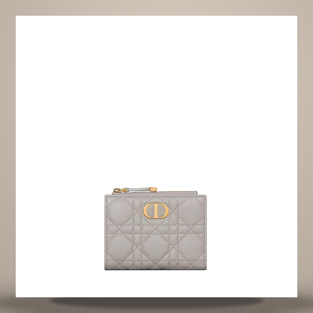 DIOR Gray Cannage Calfskin Caro Dahlia Card Holder Wallet