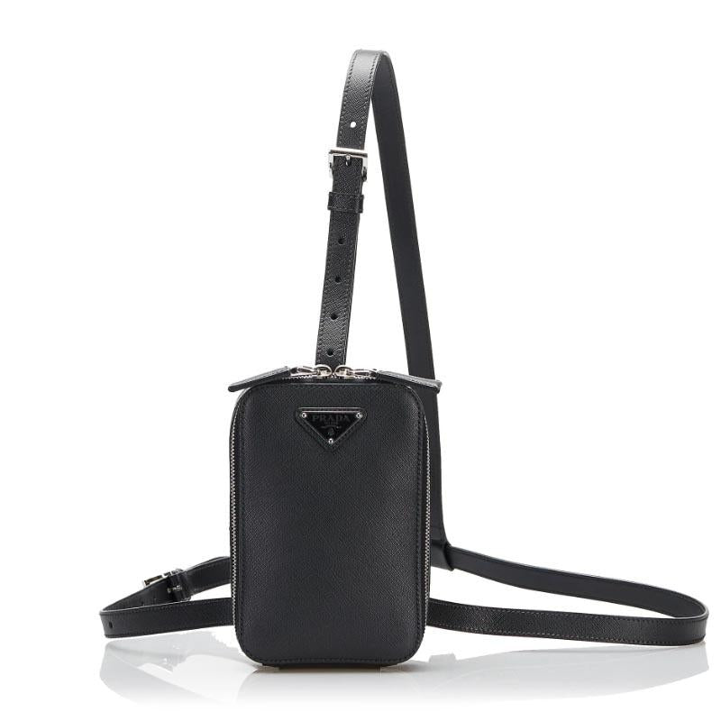 PRADA Saffiano Leather Vertical Crossbody Bag Black Unisex