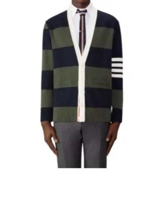 THOM BROWNE Cotton Rugby 4-Bar Rose Icon V-Neck Cardigan
