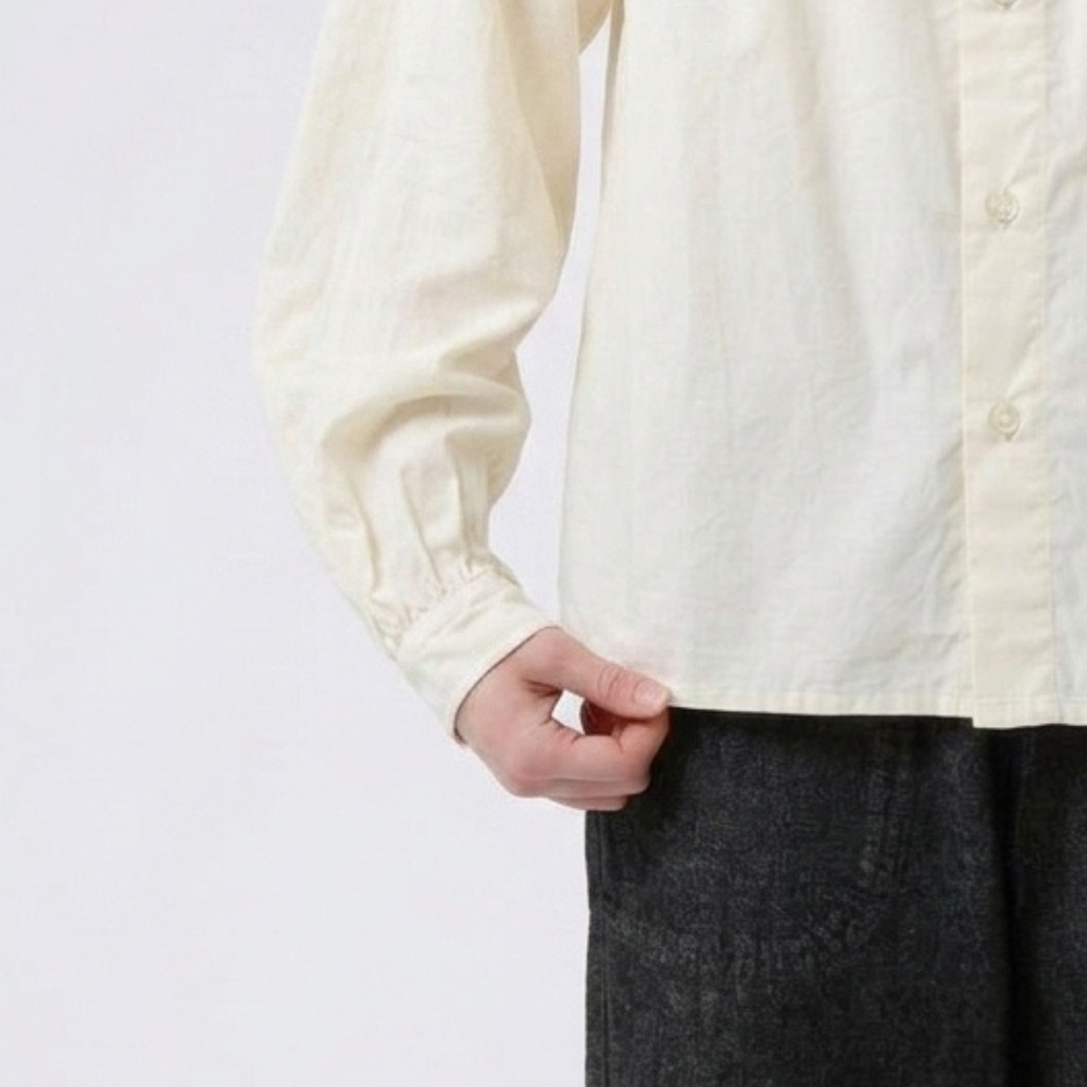 DANTON Washed Gathered Band Collar Shirt Women White