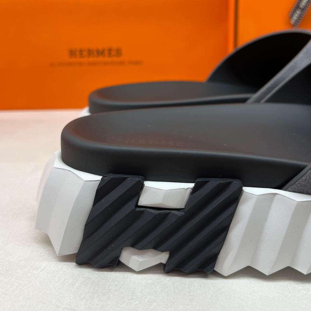 HERMES Men’s Infra Sandals Suede Calfskin Gray H Black Slippers
