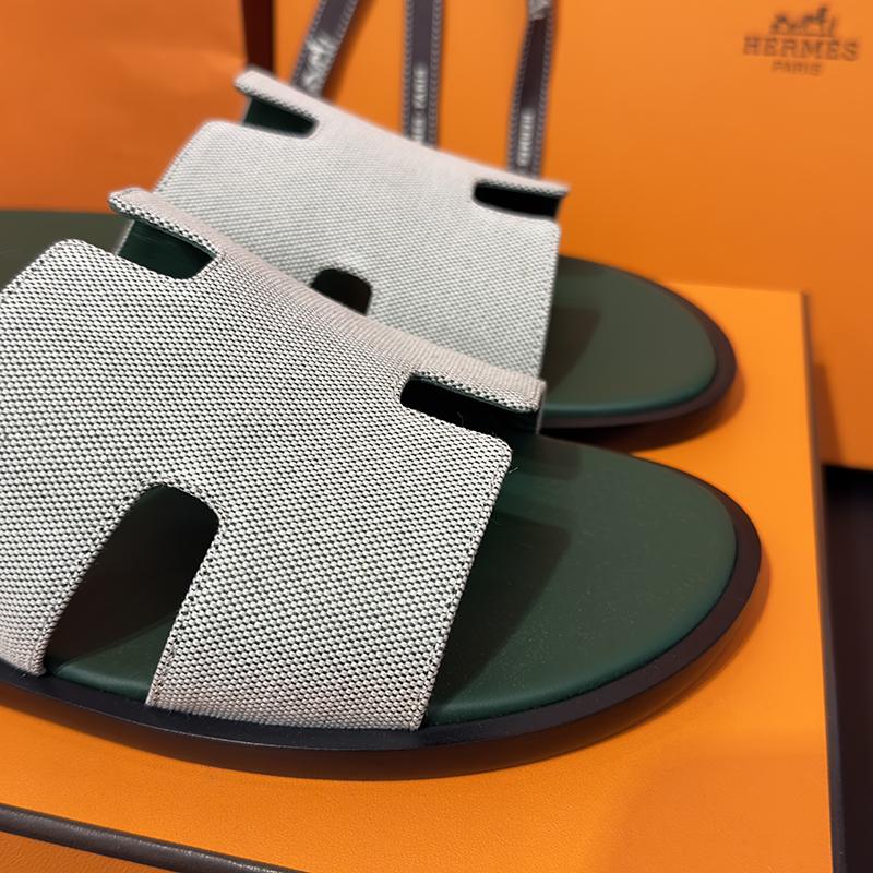 HERMES Izmir Calfskin Fabric Two-Tone Green Sandals for Men