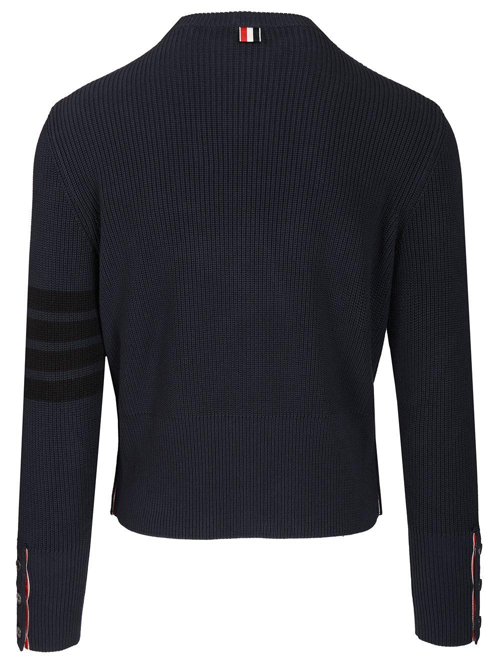 THOM BROWNE Navy Wool Round Neck Knit Sweater for Men