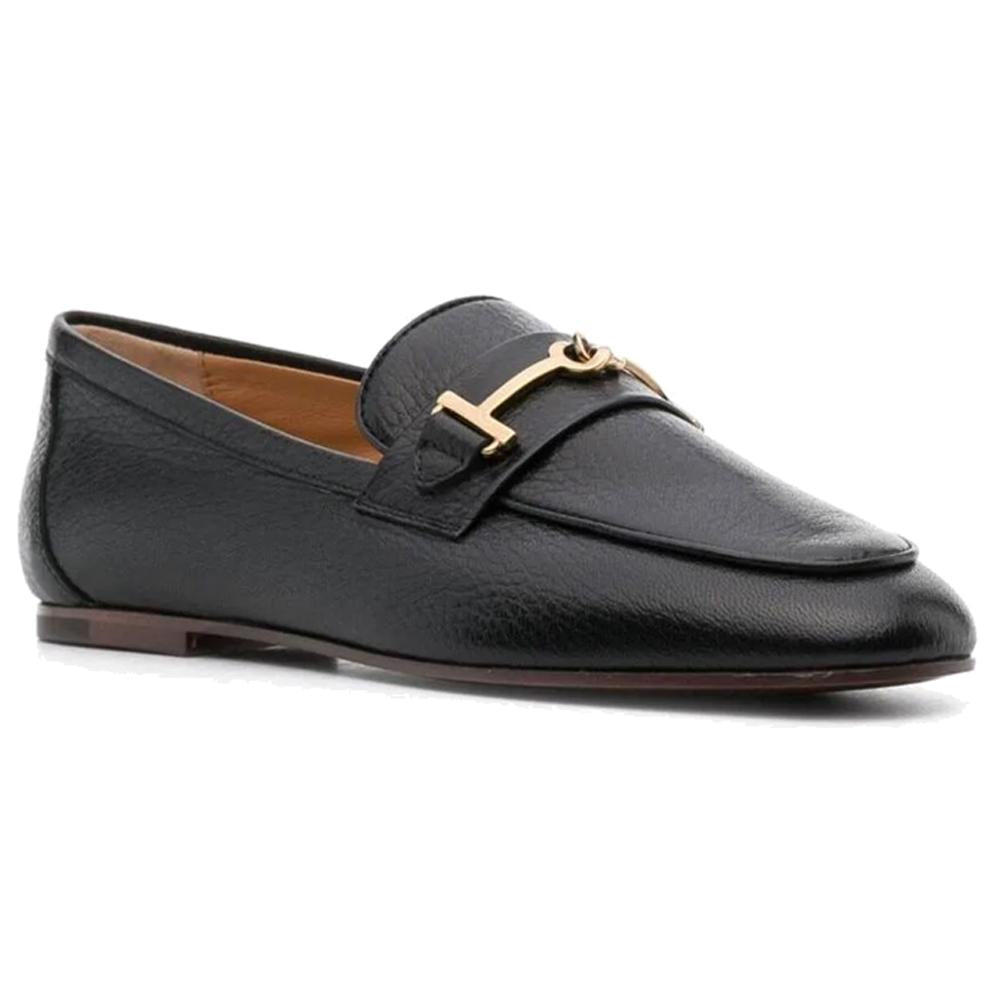 Tods Gold Logo Leather Loafers Black Women’s
