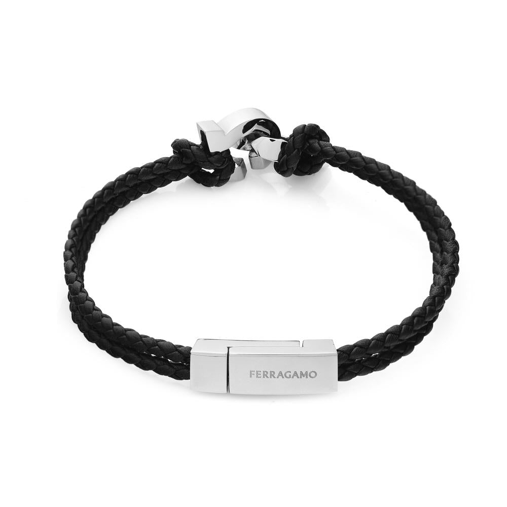 Ferragamo Black Leather Gancini Interwoven Small Men’s Bracelet 77 0360 0776345