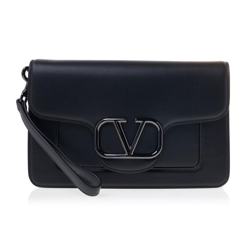 VALENTINO Garavani V-Logo Leather Clutch Black Unisex