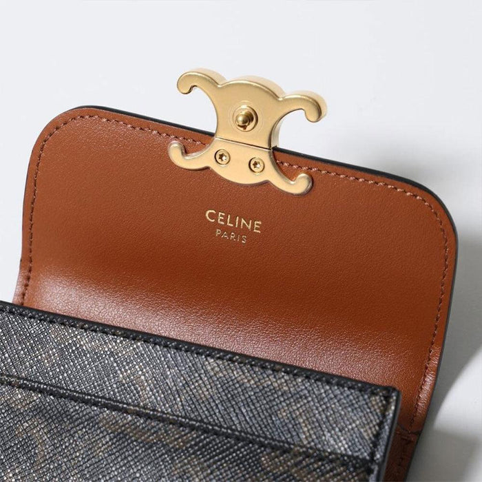CELINE Triomphe Flap Card Holder Wallet Black Leather Women