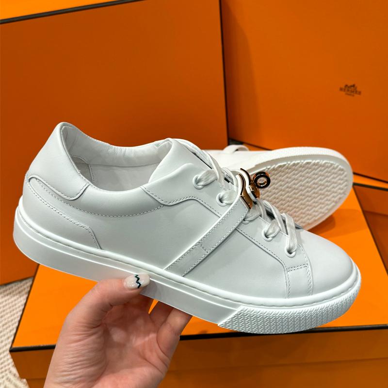 HERMES White Calfskin Sneakers with Rose Gold Kelly Buckle