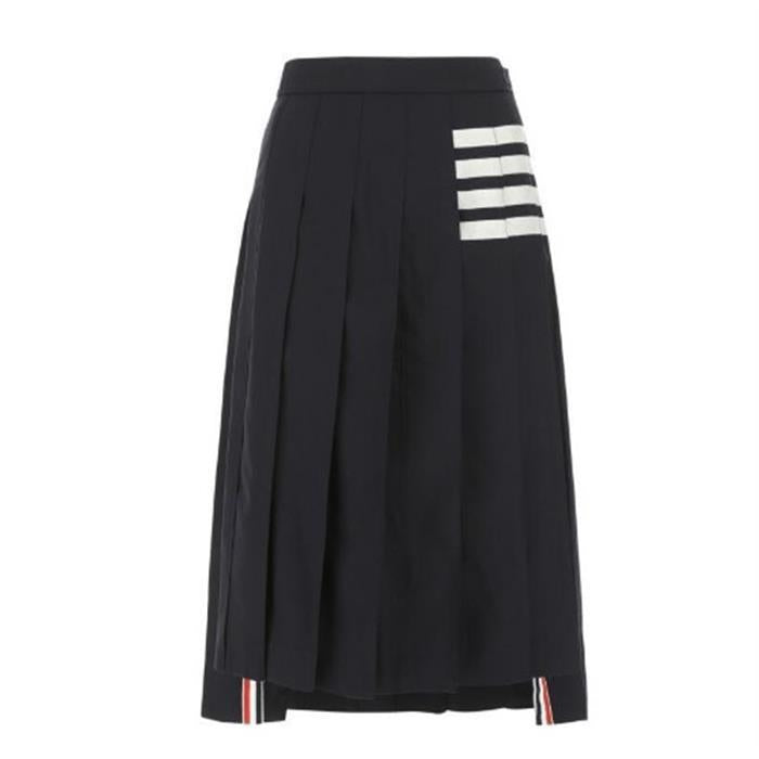 THOM BROWNE Wool Pleated Midi Skirt Navy