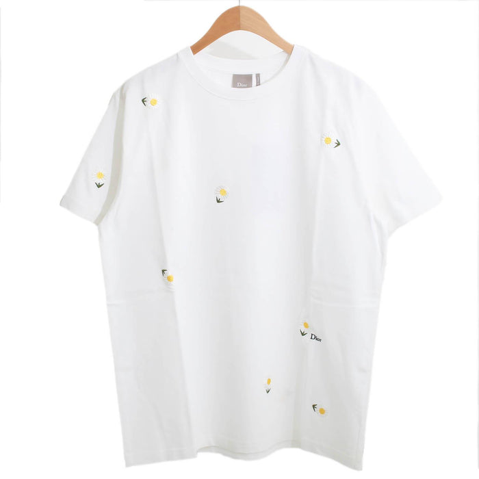 DIOR MEN Daisy Embroidered Logo Short Sleeve T-Shirt White
